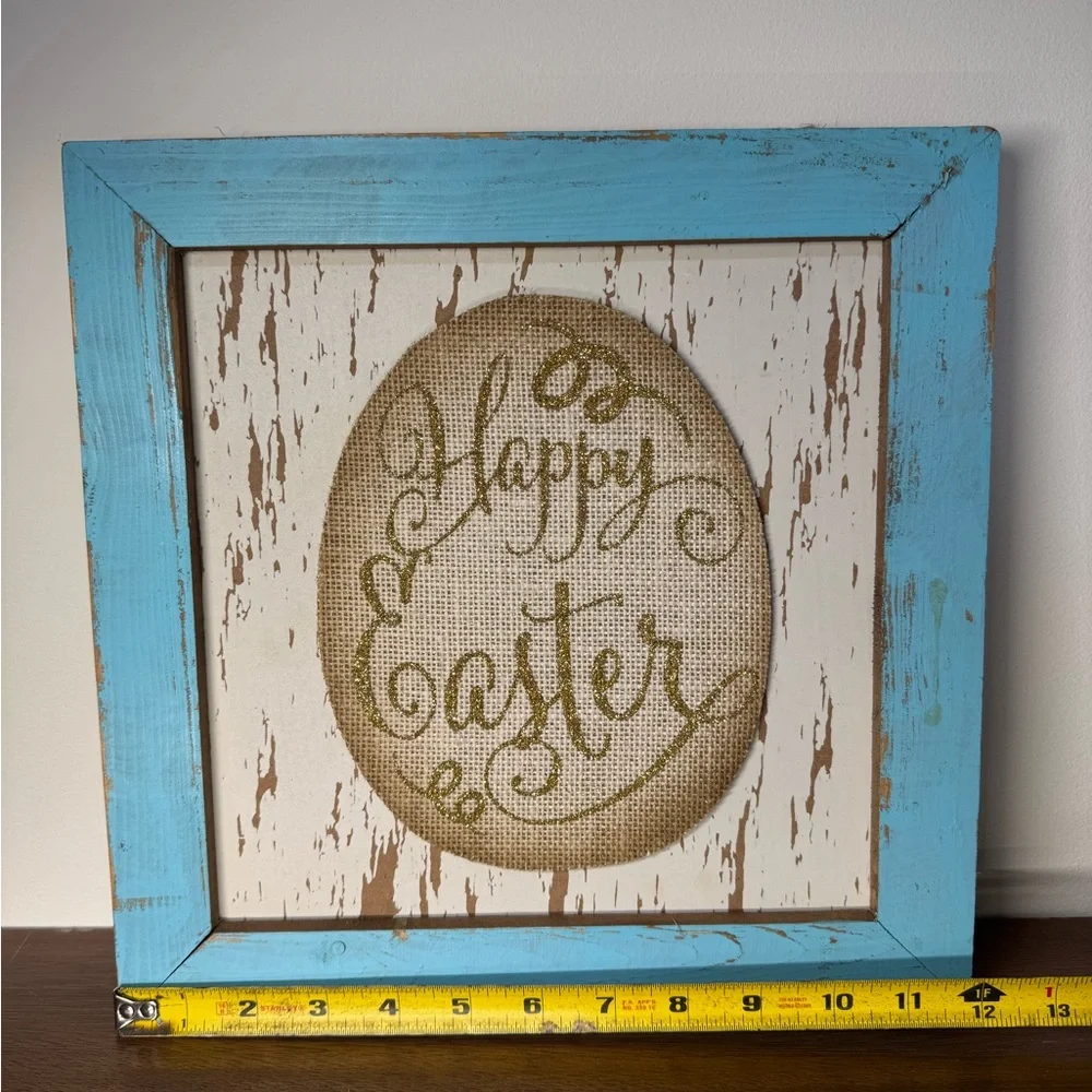 Happy Easter Sign Blue Spring Distressed Wood Wall Hanging Shelf Display 12 inch